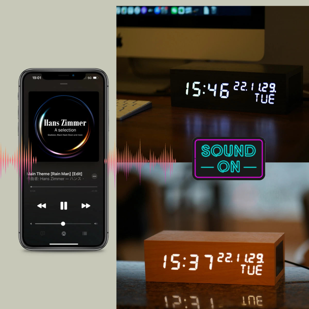 カレンダー付・スピーカー時計|bluetoothスピーカー 木目調 常時日付時刻表示