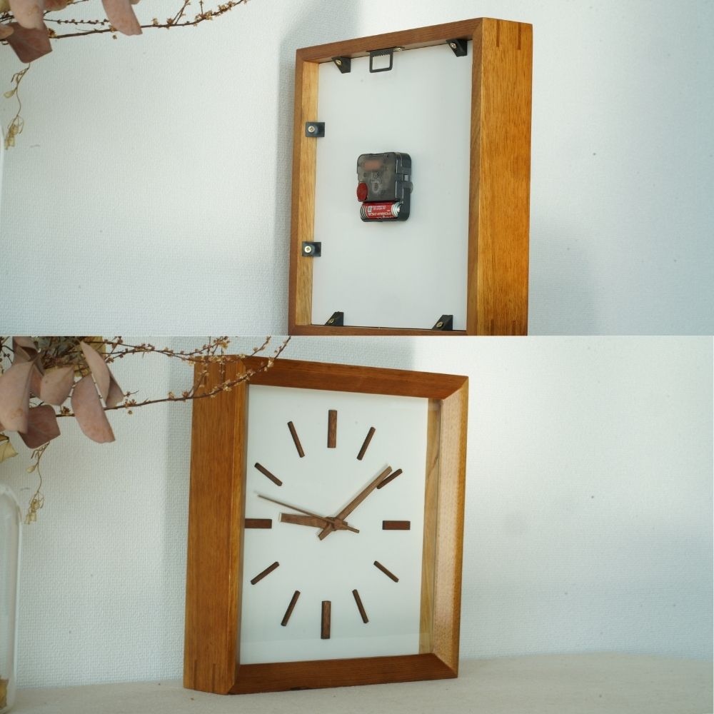 掛け時計・置き時計兼用 –正方形 静かなクオーツ連続秒針と洗練されたデザイン 桜木細工 モダン – DEMI LOUS.オンラインショップ