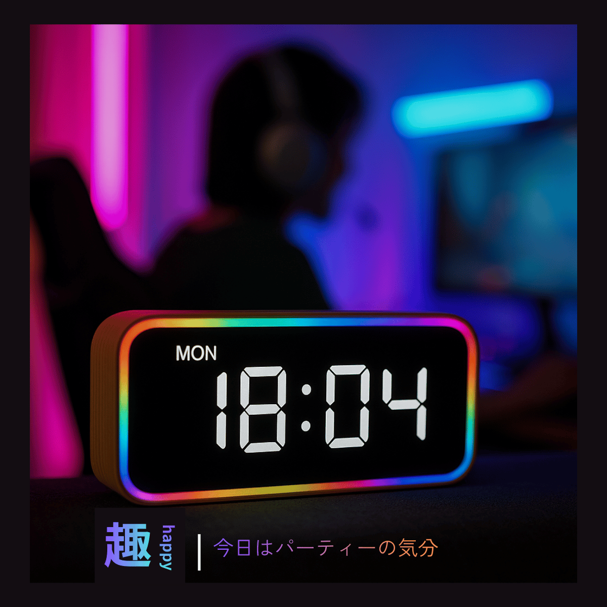 竹フレームデジタル時計(ネオンカラーライト付き)