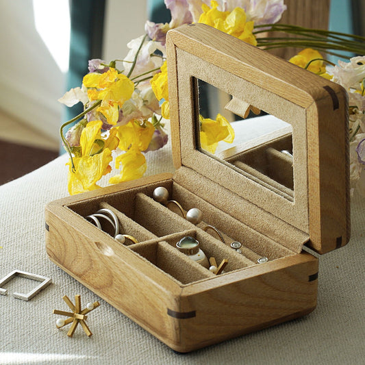 ミラー付き木製ジュエリーボックス